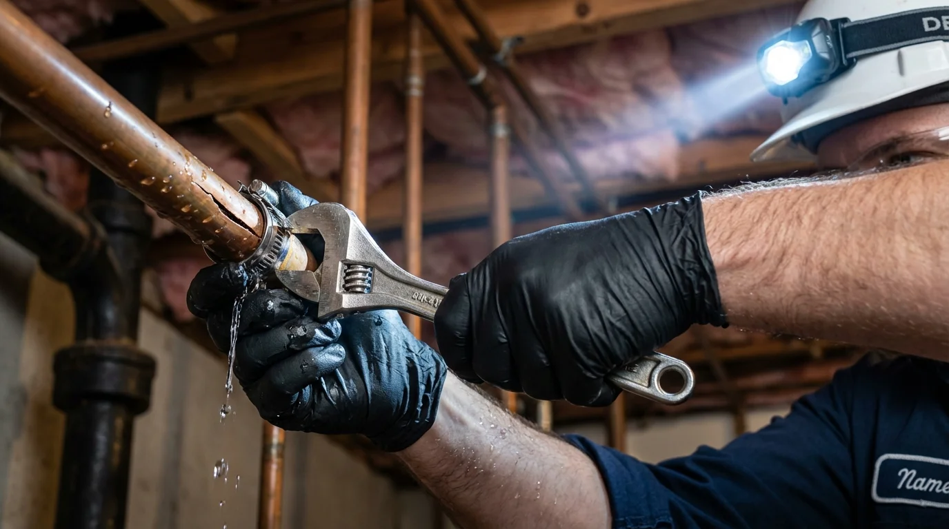 Emergency pipe clamp repair being performed by a Johns Plumbing LLC plumber in Pascagoula