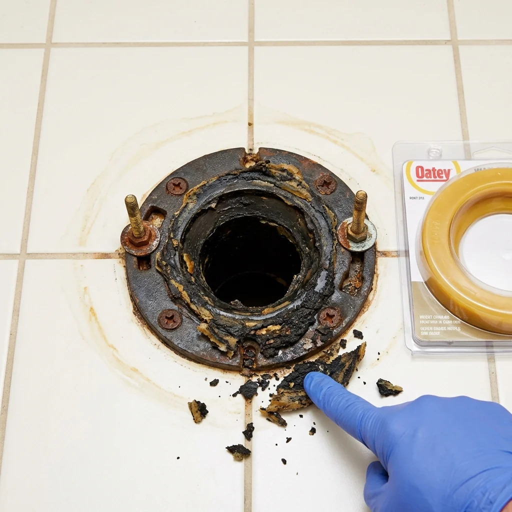 Failed wax ring showing water seepage at the base of a toilet in a Pascagoula, MS home