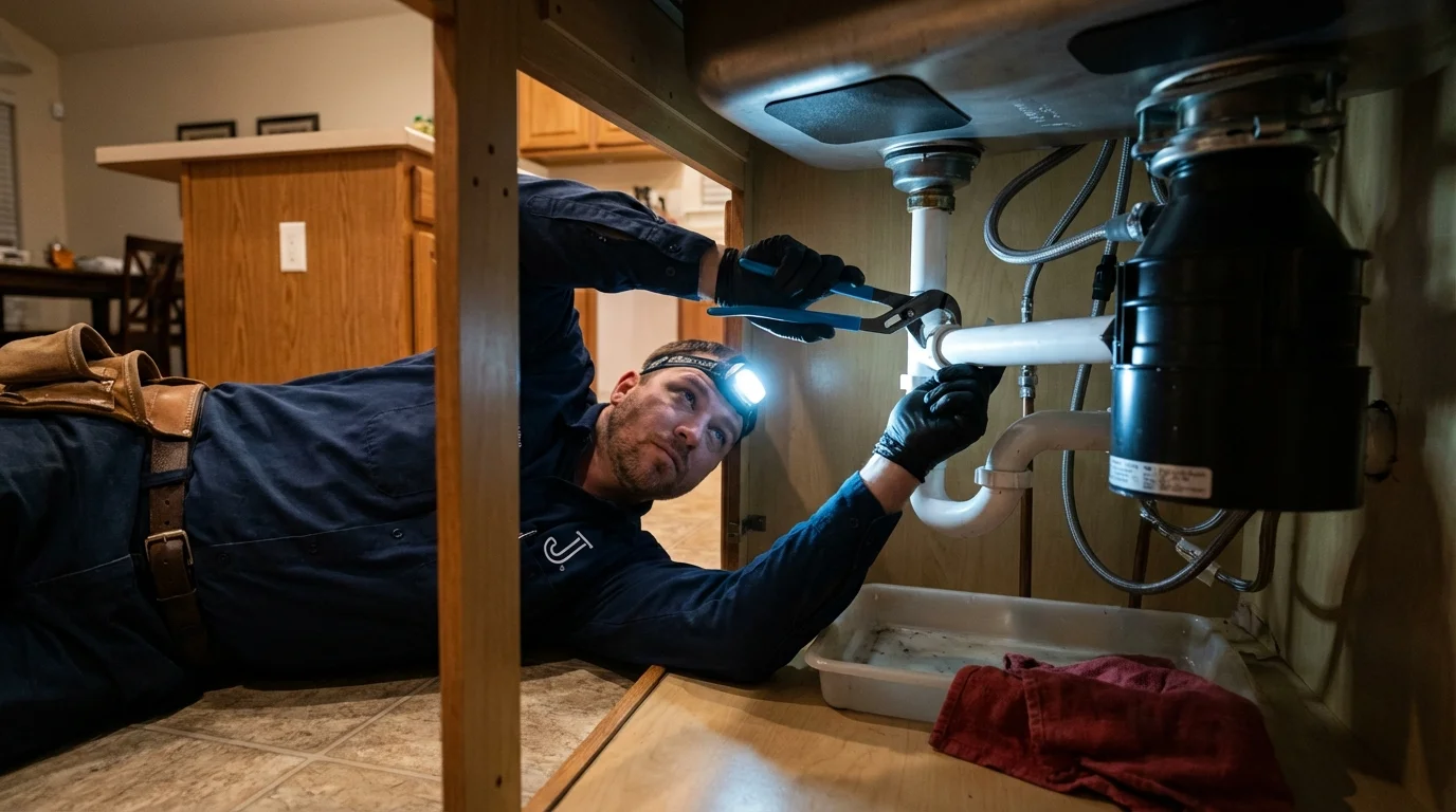 P-trap and supply line connections under a kitchen sink showing a common leak point in Pascagoula, MS